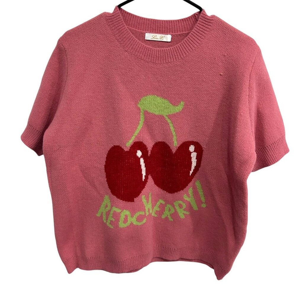 Lin Li Red Cherry Graphic Pink Sweater